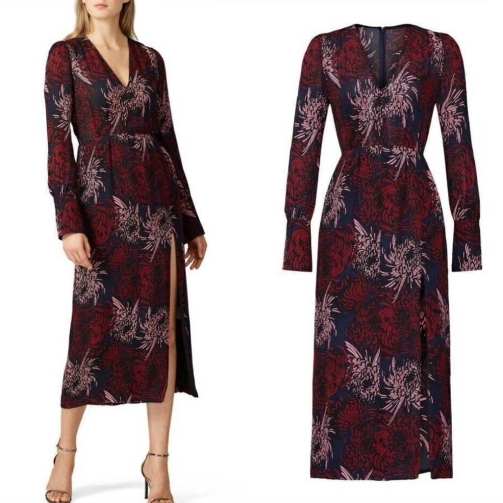 A.L.C. Bailey Print Surplice Silk Slit Midi Dress Navy Pink Anstract Floral 14 - Picture 2 of 14